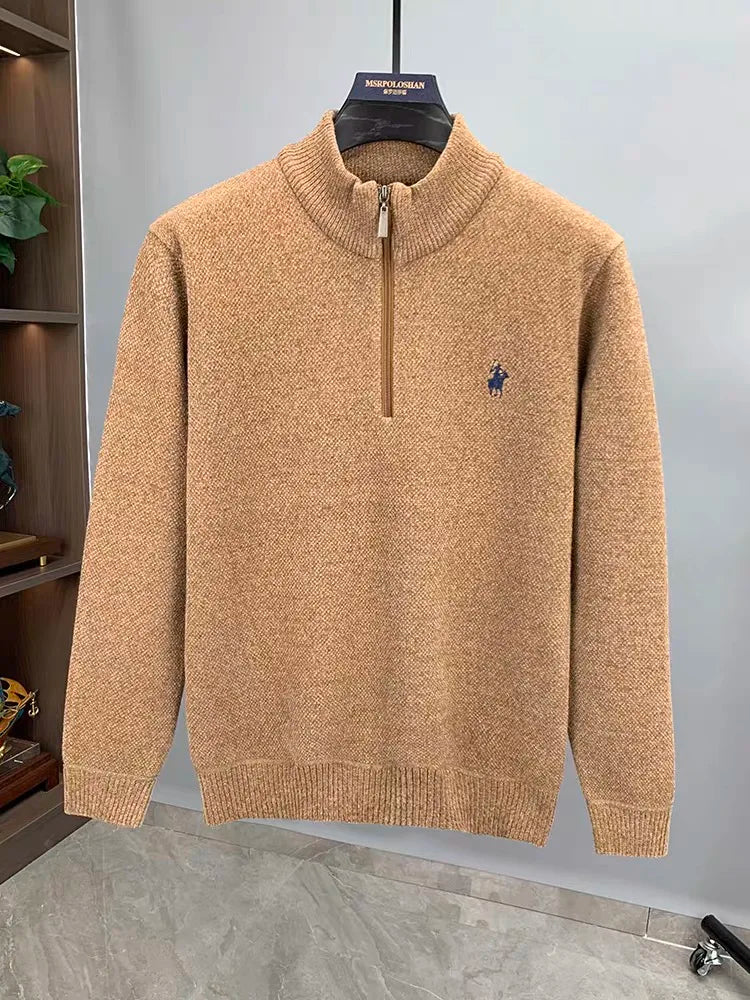 Men’s Knitted Sweater with Zipper and Detailed Embroidery