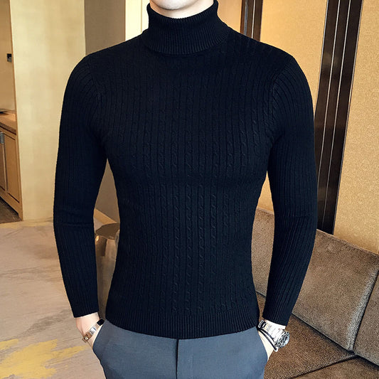 Men`s High Neck Knitted Sweater - Warm Casual Pullover