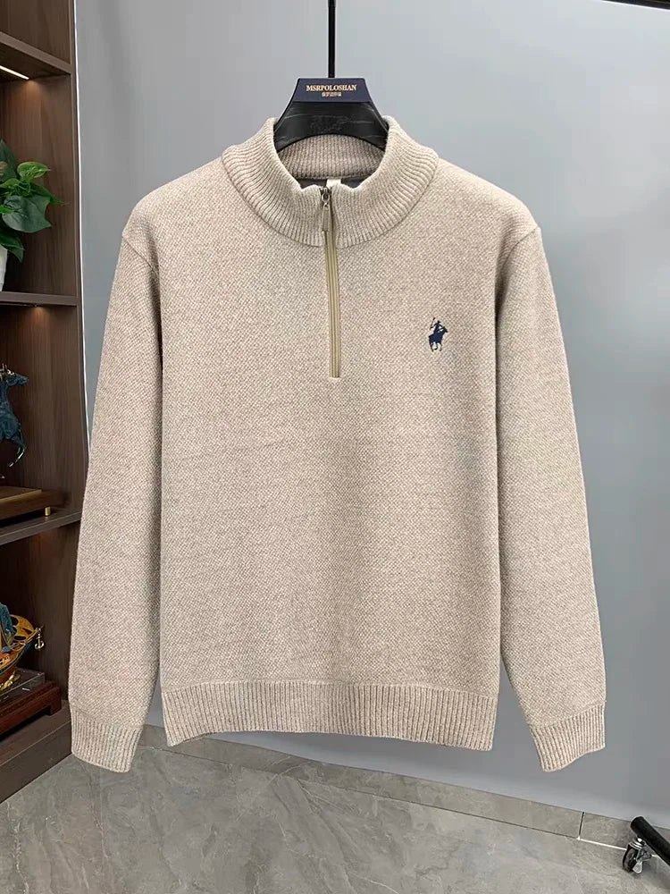 Men’s Knitted Sweater with Zipper and Detailed Embroidery